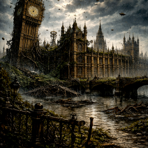 Apocalyptic view of the Palace of Westminster and Big Ben in a ruined London landscape beneath storm-darkened skies.