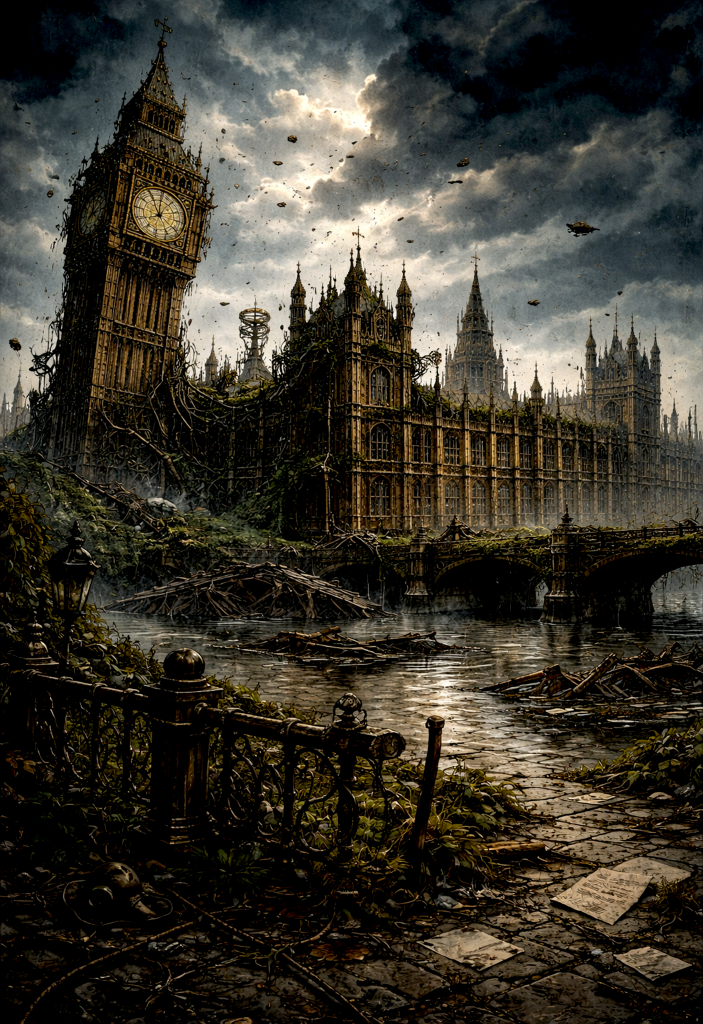 Apocalyptic view of the Palace of Westminster and Big Ben in a ruined London landscape beneath storm-darkened skies.