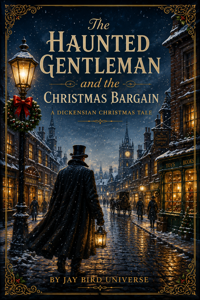 Victorian street scene with lantern and snow — cover of The Haunted Gentleman and the Christmas Bargain by Jay Bird Universe