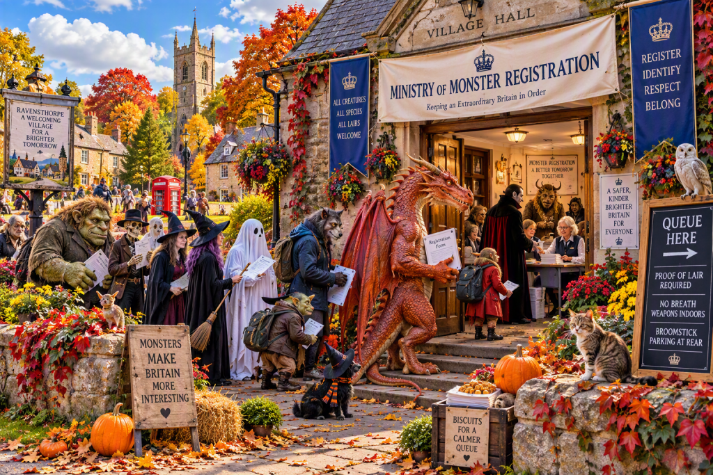Ministry of Monster Registration Public Consultation Day 1000-piece fantasy jigsaw featuring dragons, ghosts, witches and other creatures queuing outside a village hall.