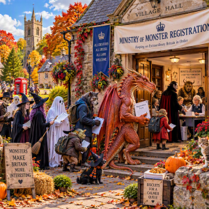 Ministry of Monster Registration Public Consultation Day 1000-piece fantasy jigsaw featuring dragons, ghosts, witches and other creatures queuing outside a village hall.